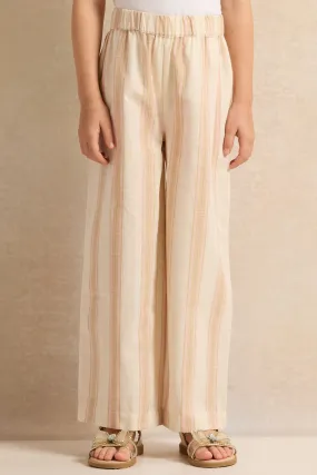 Girls Beige Striped Wide Leg Trousers