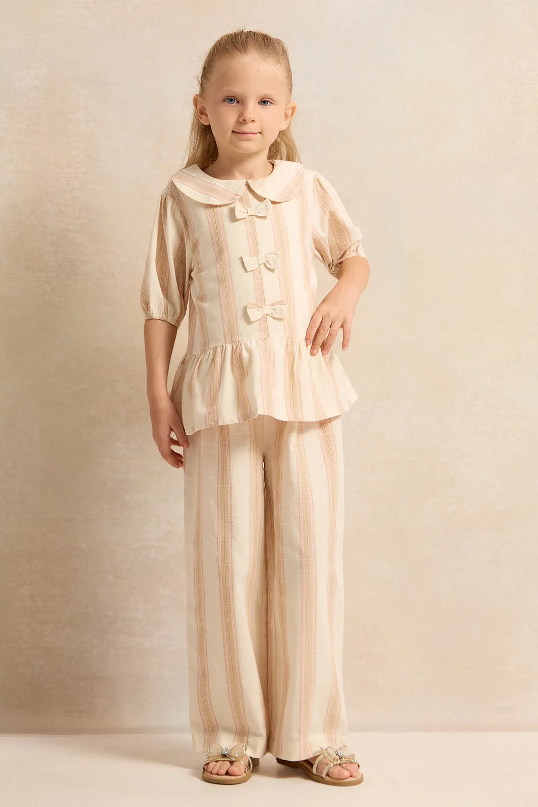 Girls Beige Striped Wide Leg Trousers