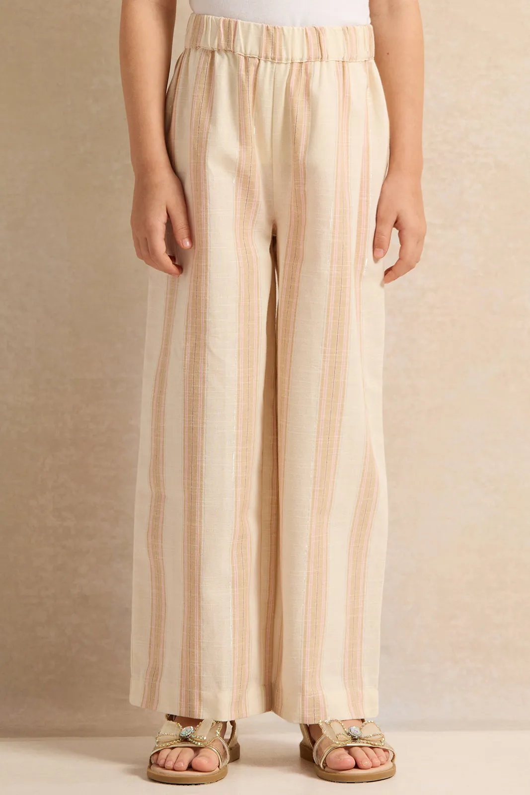 Girls Beige Striped Wide Leg Trousers