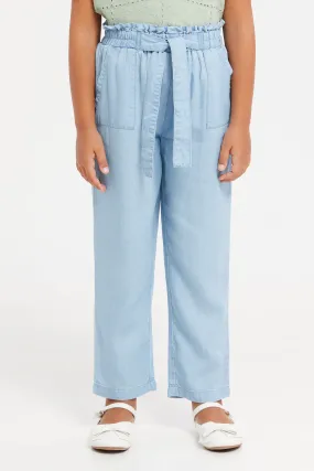 Girls Blue Bow With Pockets Trousers