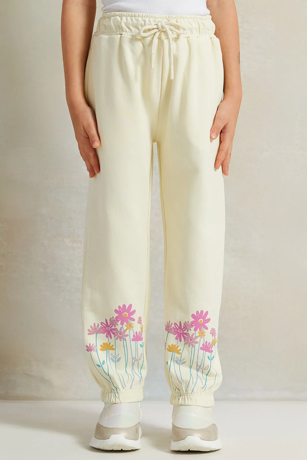 Girls Cream Flower Placement Print Track Pants