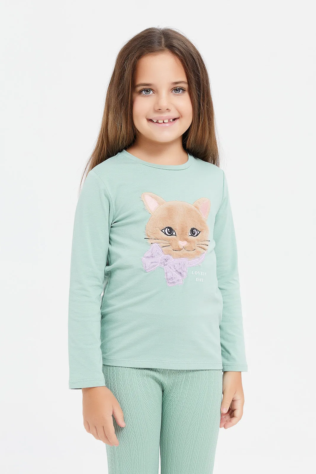 Girls Green Duck Fur Embroidered T-Shirt