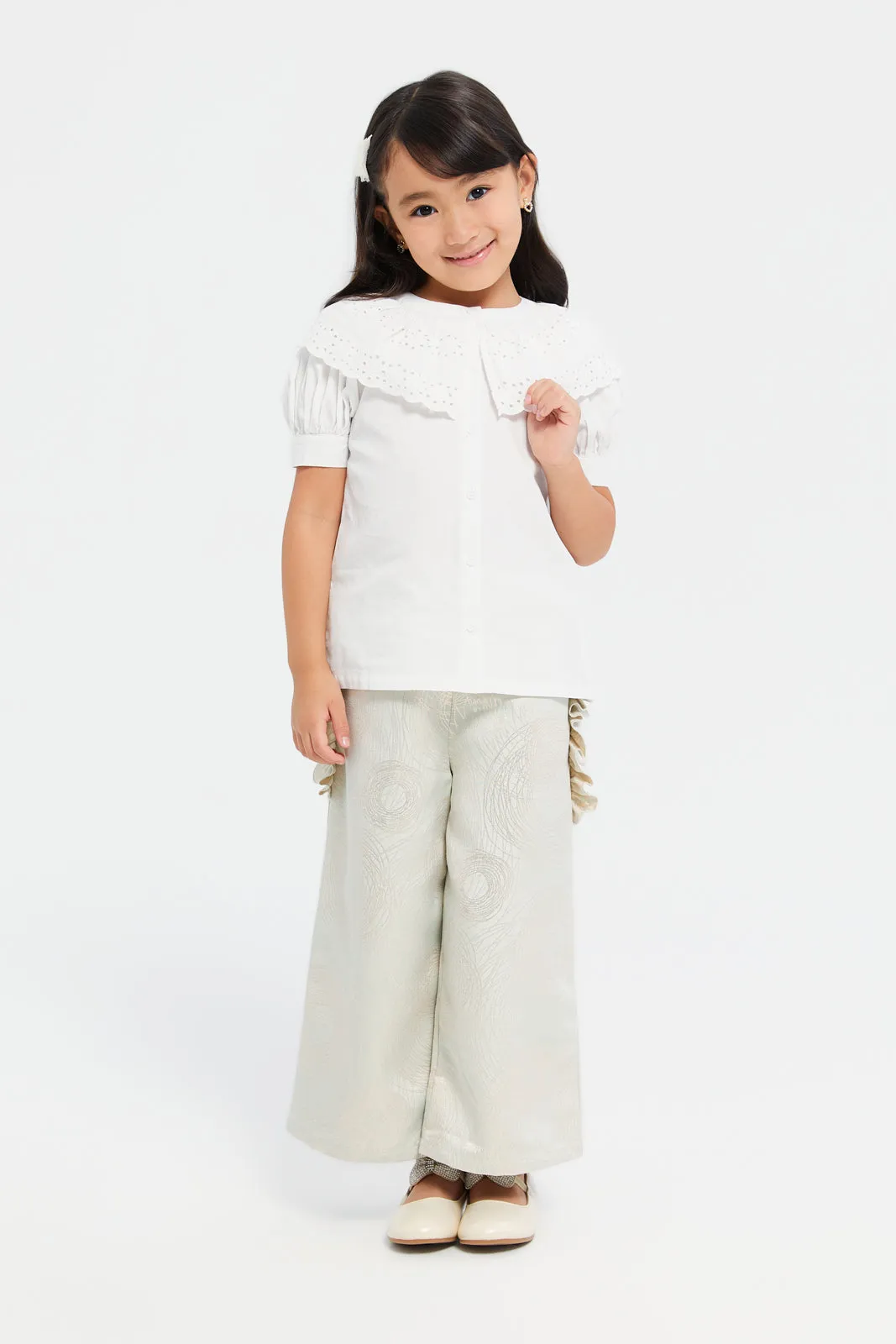 Girls Green Jacquard Trouser With Frills