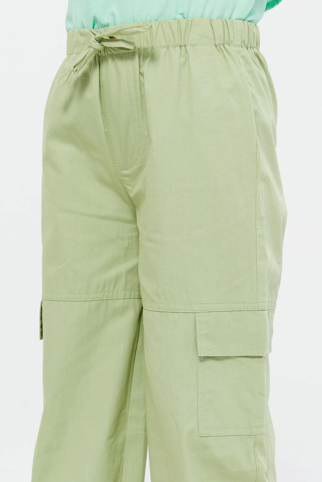 Girls Green Plain Cargo Fit Trouser