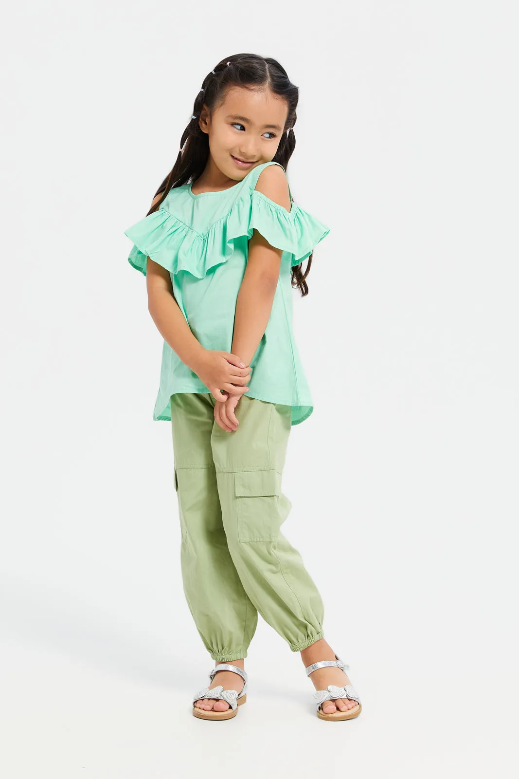 Girls Green Plain Cargo Fit Trouser