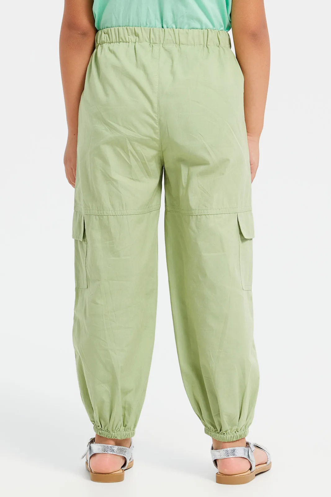 Girls Green Plain Cargo Fit Trouser