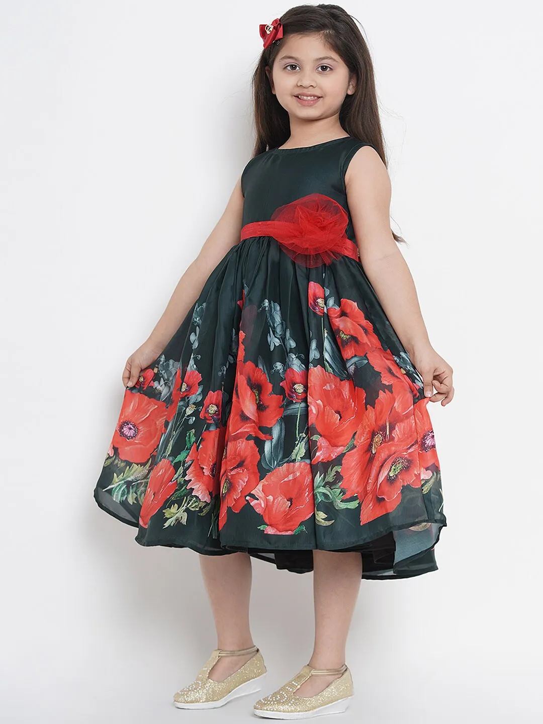 Girl's Green Printed Fit And Flare Dress  - NOZ2TOZ KIDS