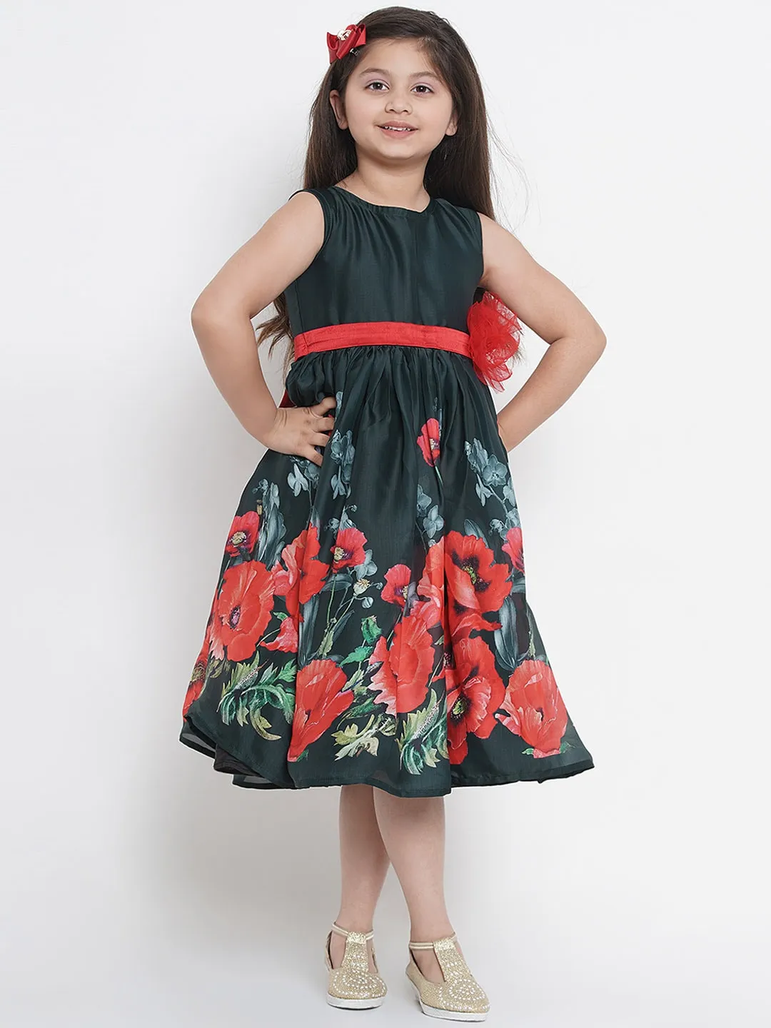 Girl's Green Printed Fit And Flare Dress  - NOZ2TOZ KIDS