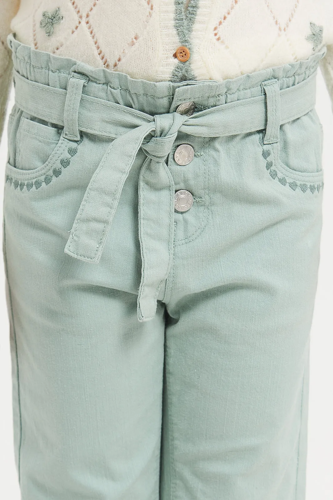 Girls Green Twill Trouser With Belt