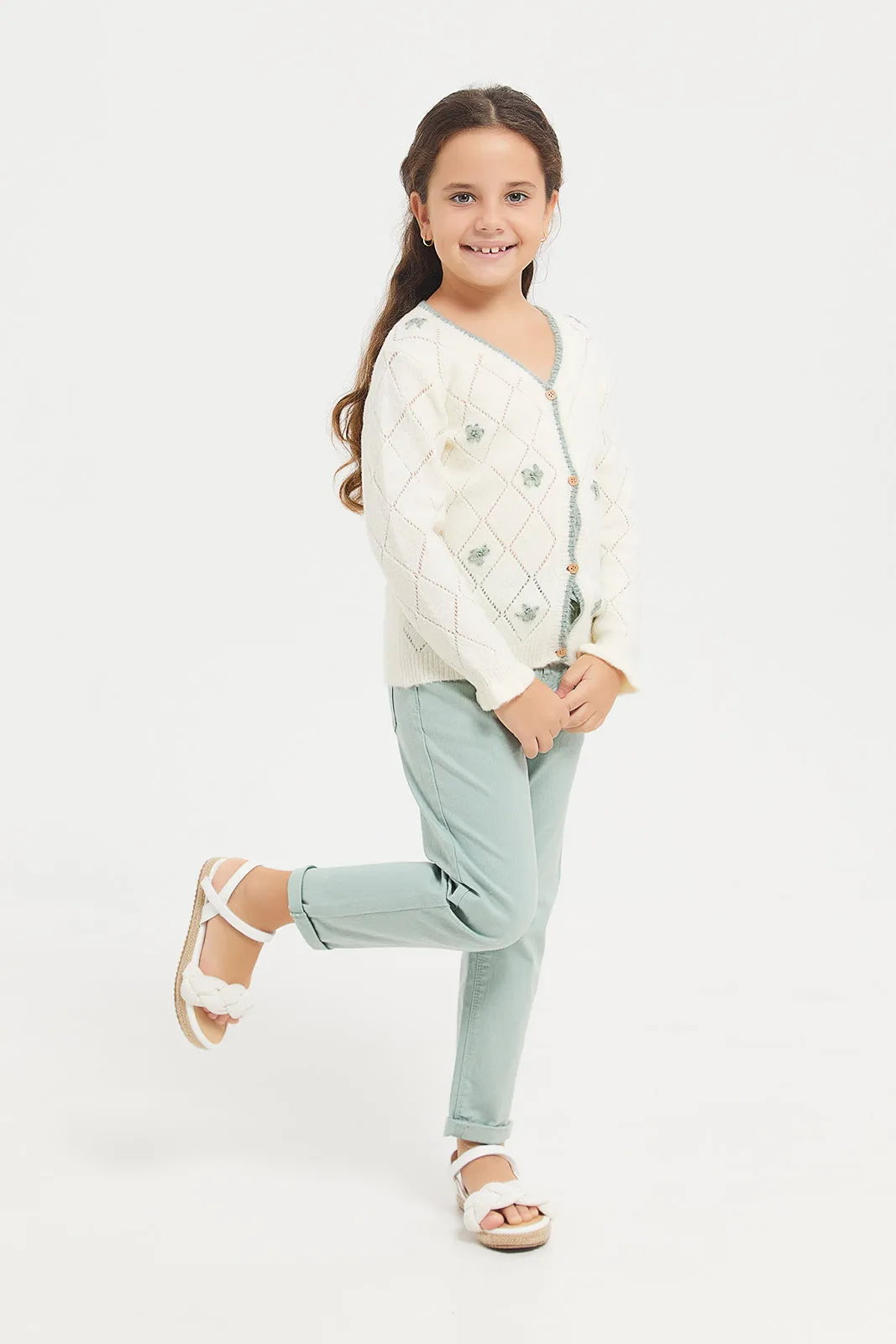 Girls Green Twill Trouser With Belt