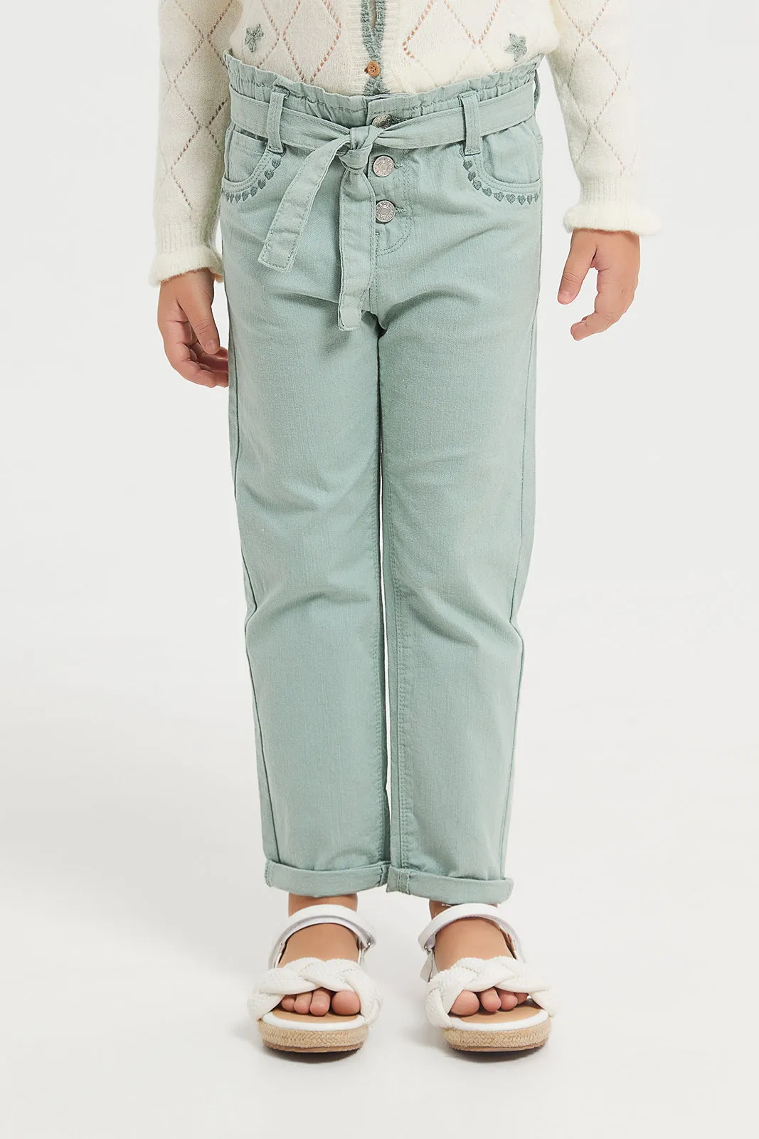 Girls Green Twill Trouser With Belt