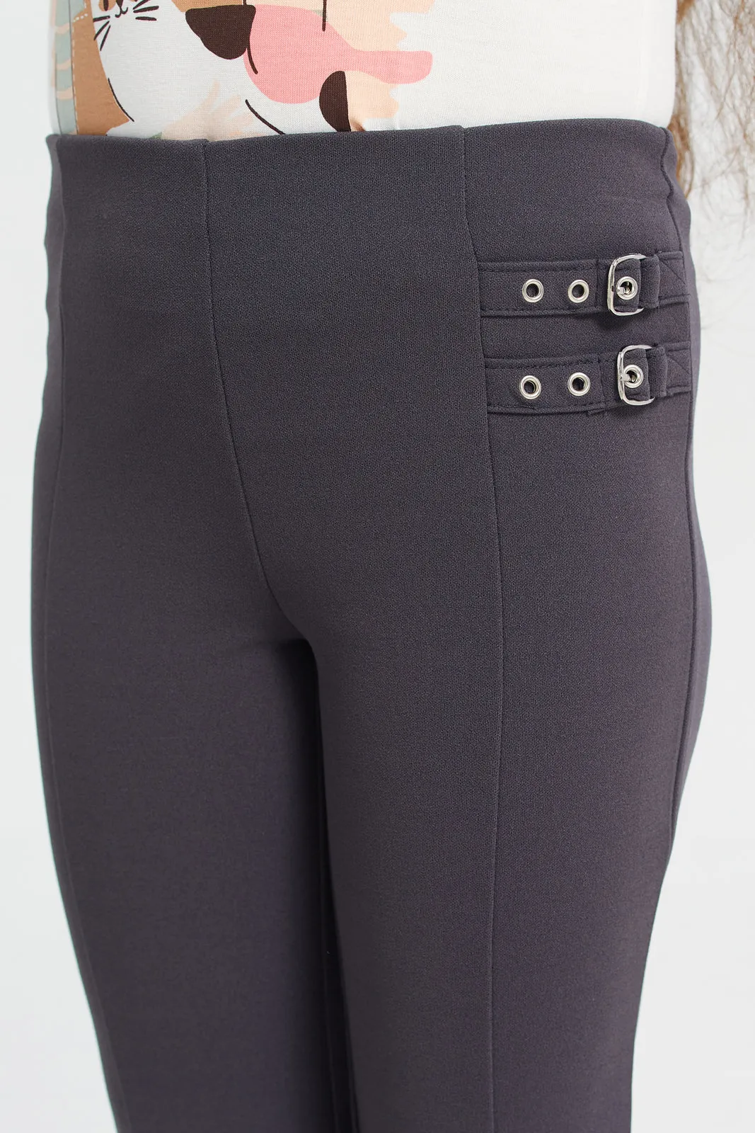 Girls Grey Front Belt Detail Leggings