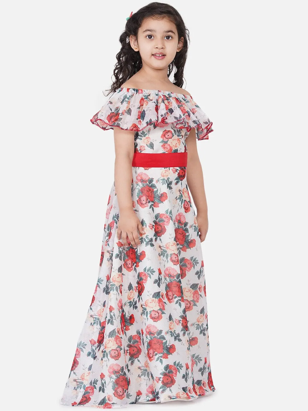 Girl's Off White Floral Off-Shoulder Maxi Dress - NOZ2TOZ KIDS