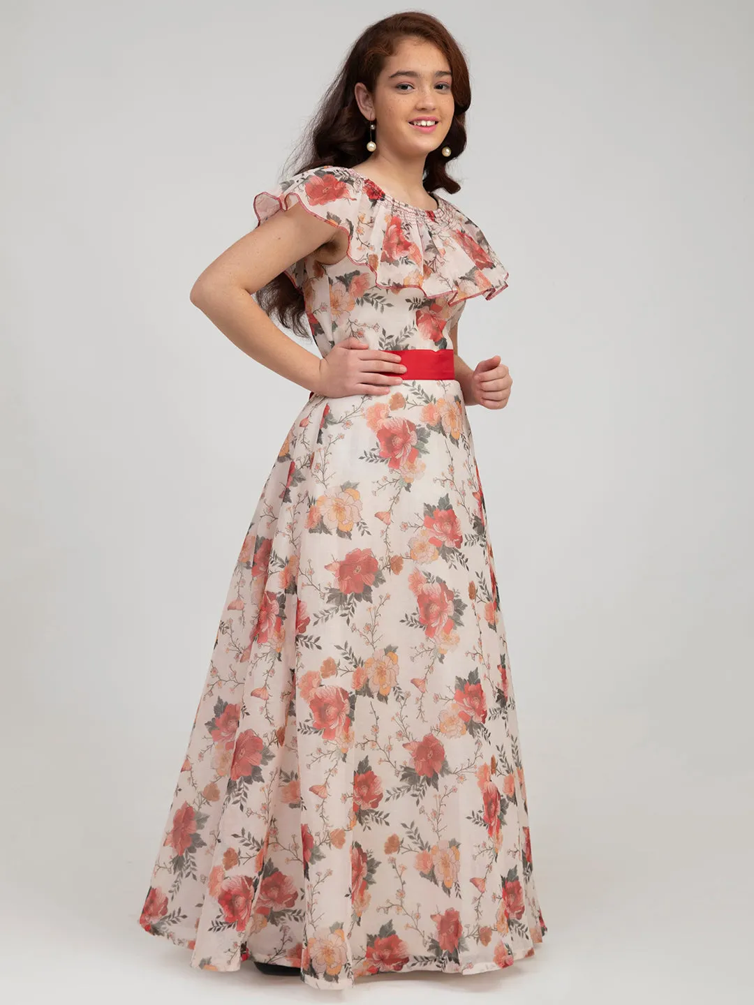 Girl's Off White Floral Printed Fit & Flare Dress - Bitiya By Bhama