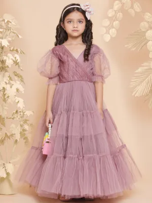 Girls Onion Pink Net Embellished Fit & Flared Maxi Dress.