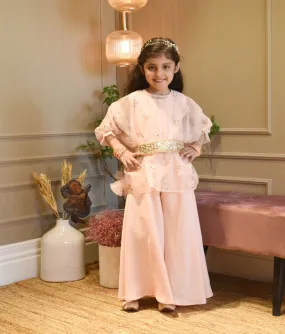 Girl's Peach Crape Jumpsuit And Organza Cape - Fayon Kids