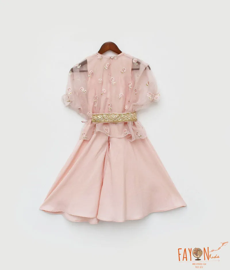 Girl's Peach Crape Jumpsuit And Organza Cape - Fayon Kids