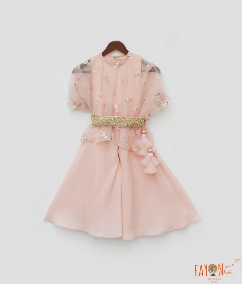 Girl's Peach Crape Jumpsuit And Organza Cape - Fayon Kids