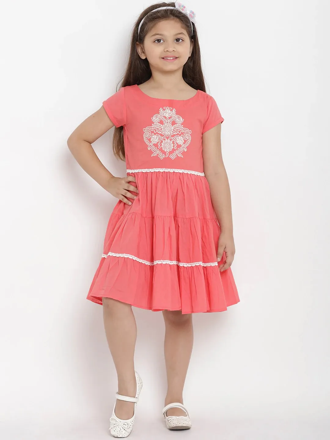 Girl's Peach Fit And Flare Dress  - NOZ2TOZ KIDS