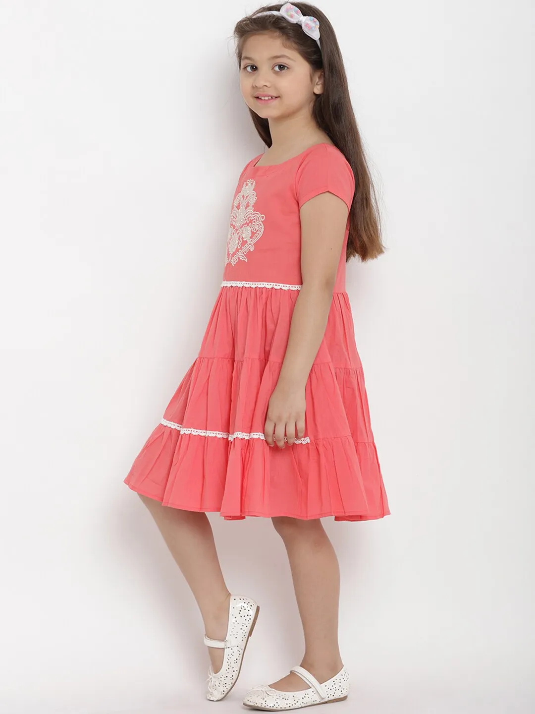 Girl's Peach Fit And Flare Dress  - NOZ2TOZ KIDS