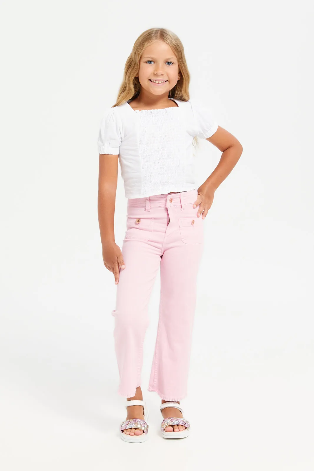 Girls Pink Flared Denim Trousers