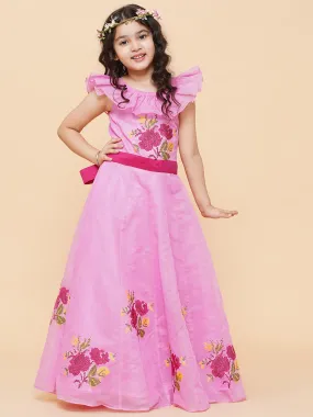 Girls Pink Floral Embroidered Fit & Flared Dress