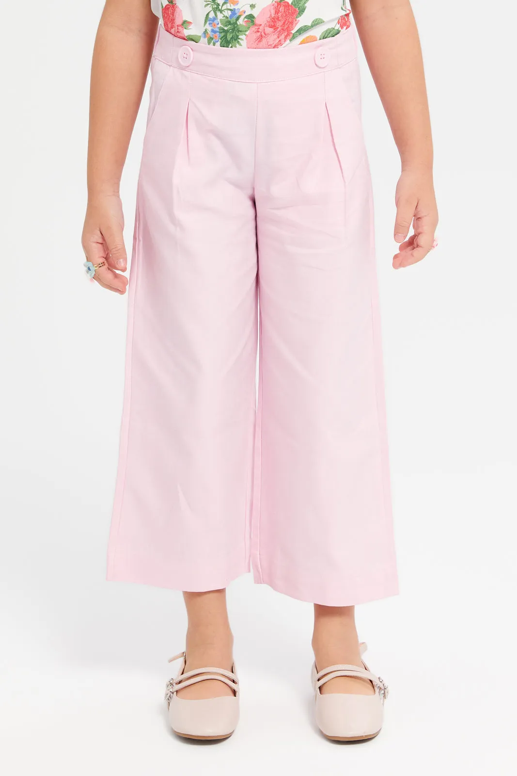 Girls Pink Plain Lyocell Wide Leg Trouser