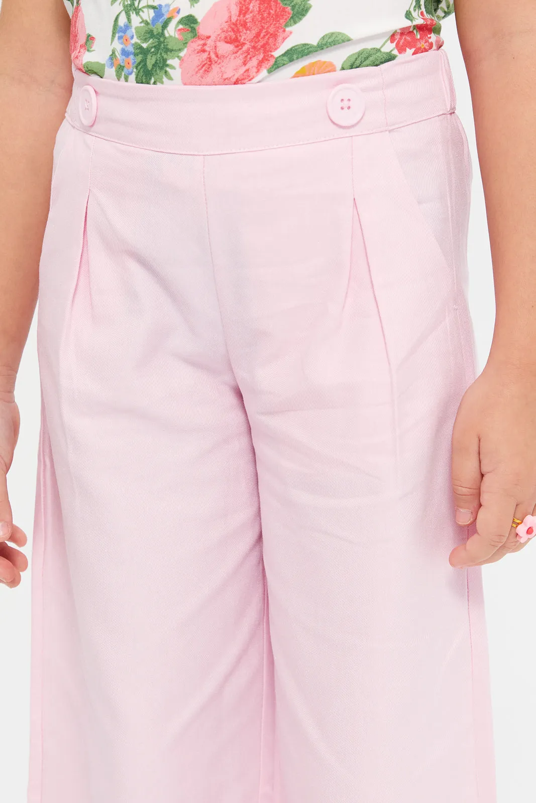 Girls Pink Plain Lyocell Wide Leg Trouser