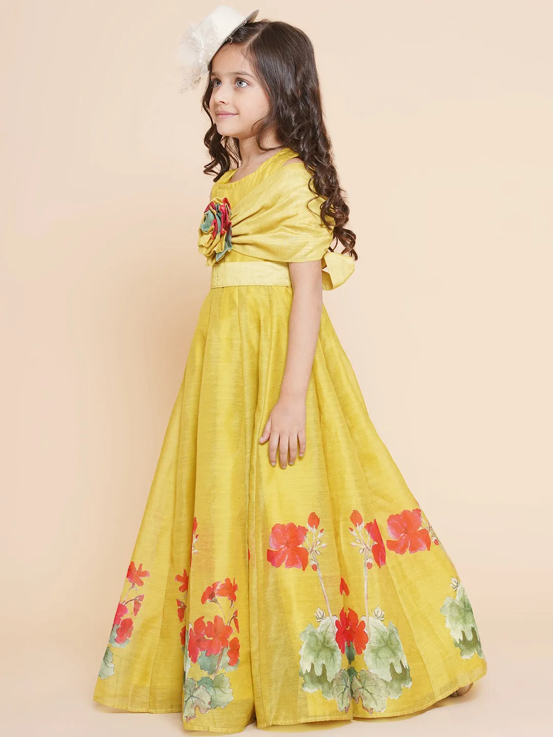 Girl's Yellow Floral Printed Dress - Bitiya By Bhama