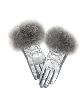 GLVM01 - Metallic Puffer Glove w/ Fox Fur Trim