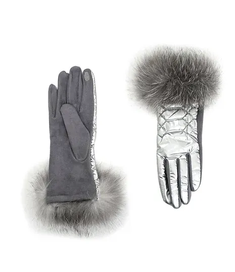 GLVM01 - Metallic Puffer Glove w/ Fox Fur Trim