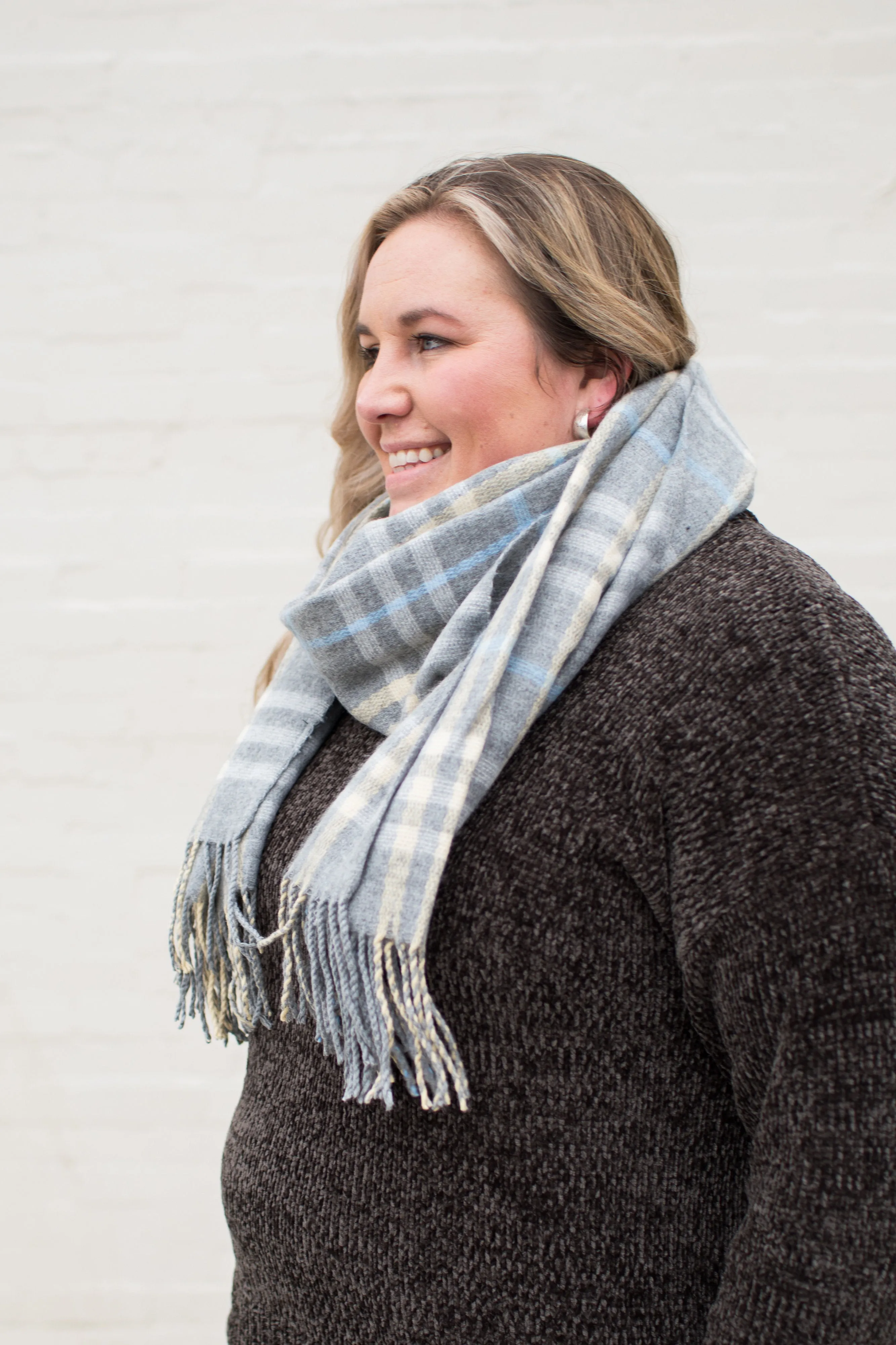 Gray Cream Lt Blue Plaid Scarf