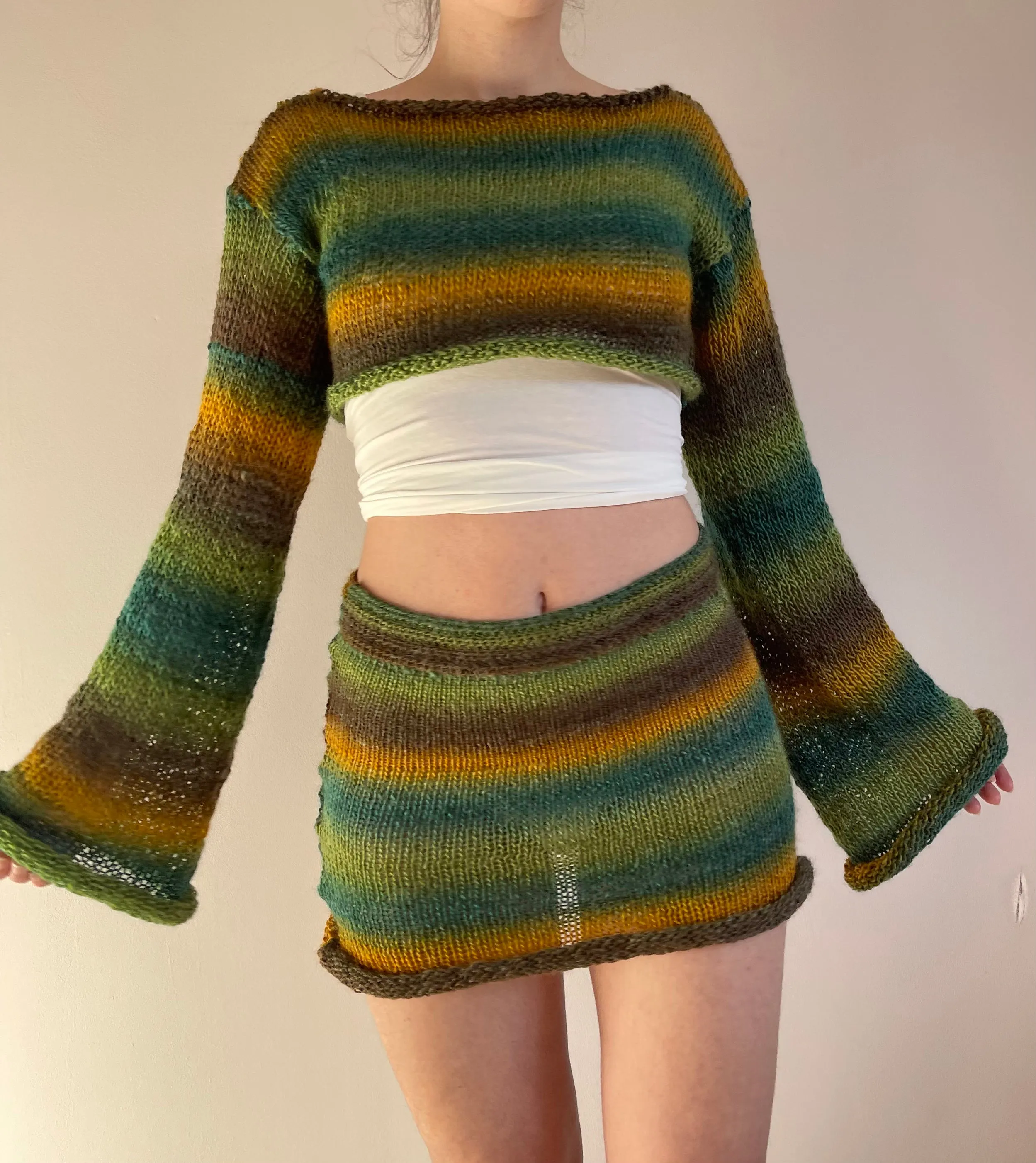 Handmade knitted ombré mini skirt - Forest colourway