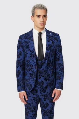 Jackalope Skinny Fit Blue Floral Flocked Jacket