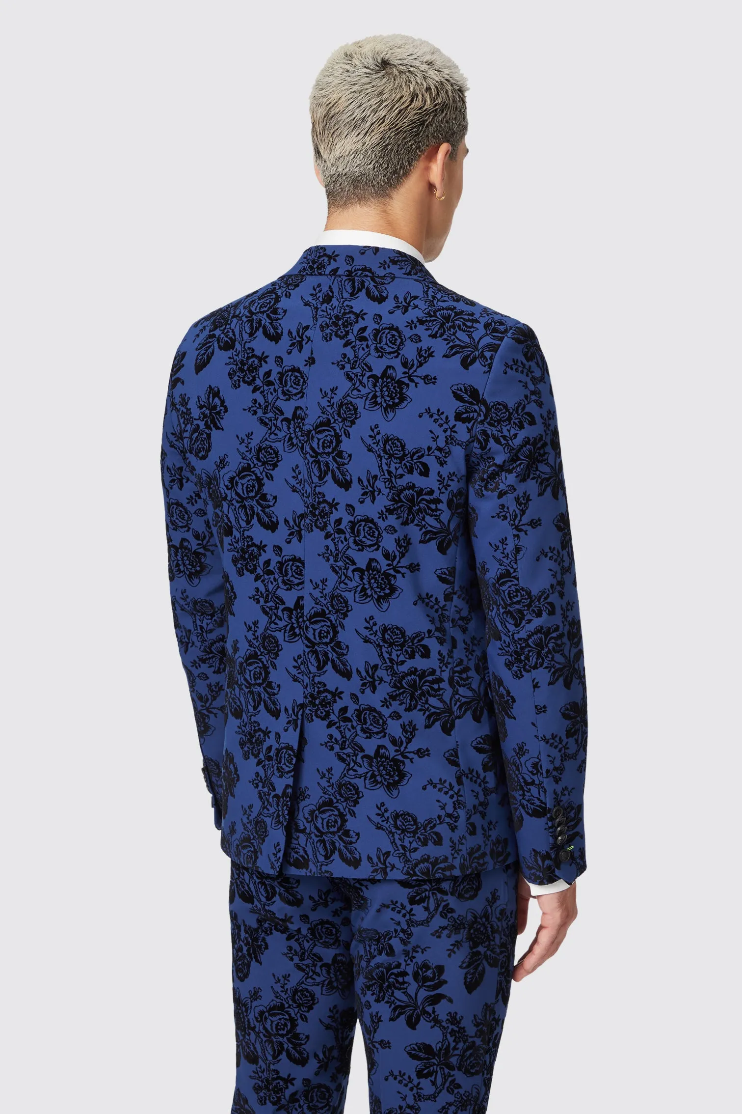 Jackalope Skinny Fit Blue Floral Flocked Jacket