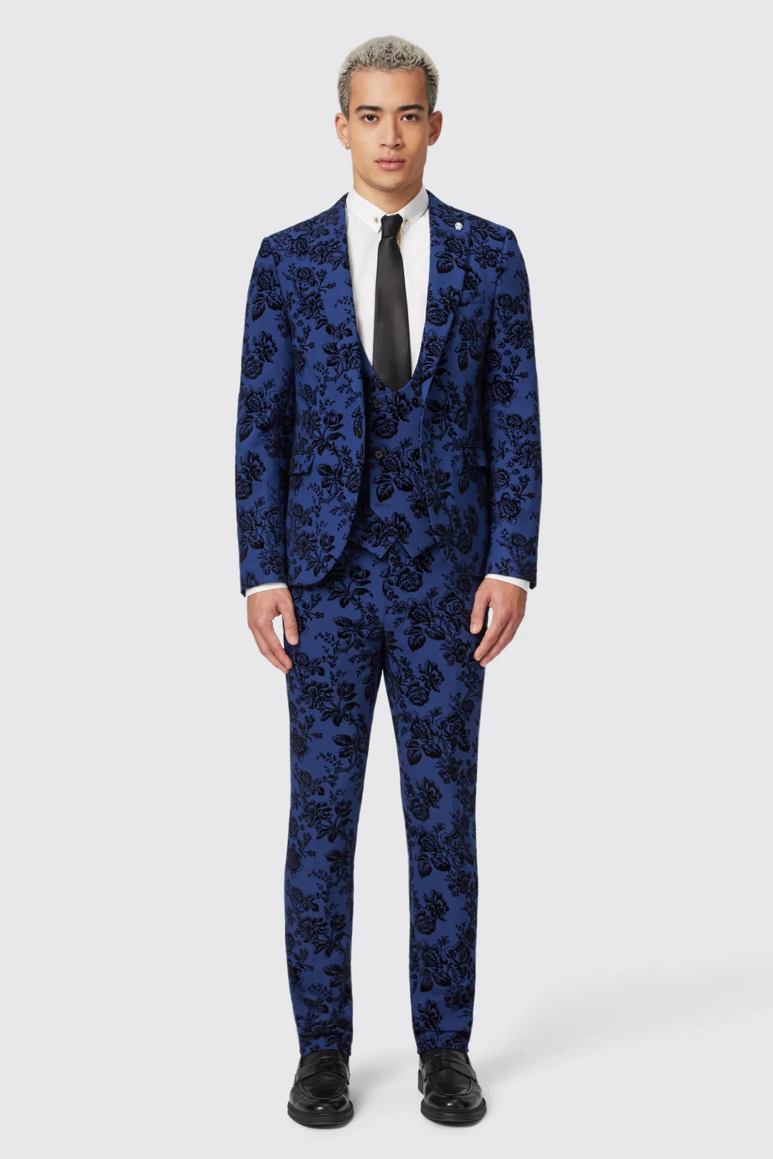 Jackalope Skinny Fit Blue Floral Flocked Jacket