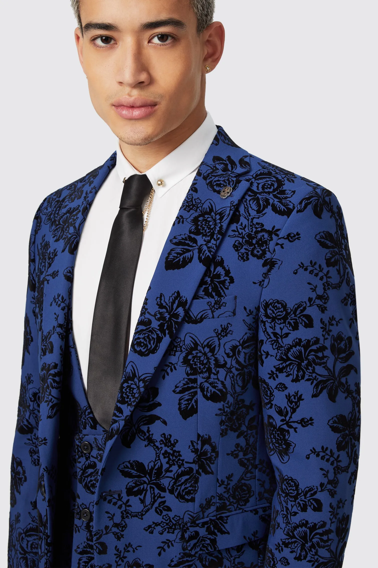 Jackalope Skinny Fit Blue Floral Flocked Jacket