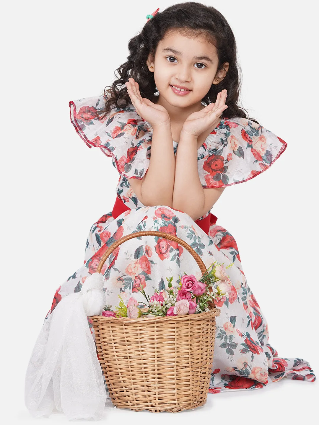 Jashvi Girls White Chanderi Floral Print Fit & Flare Gwon