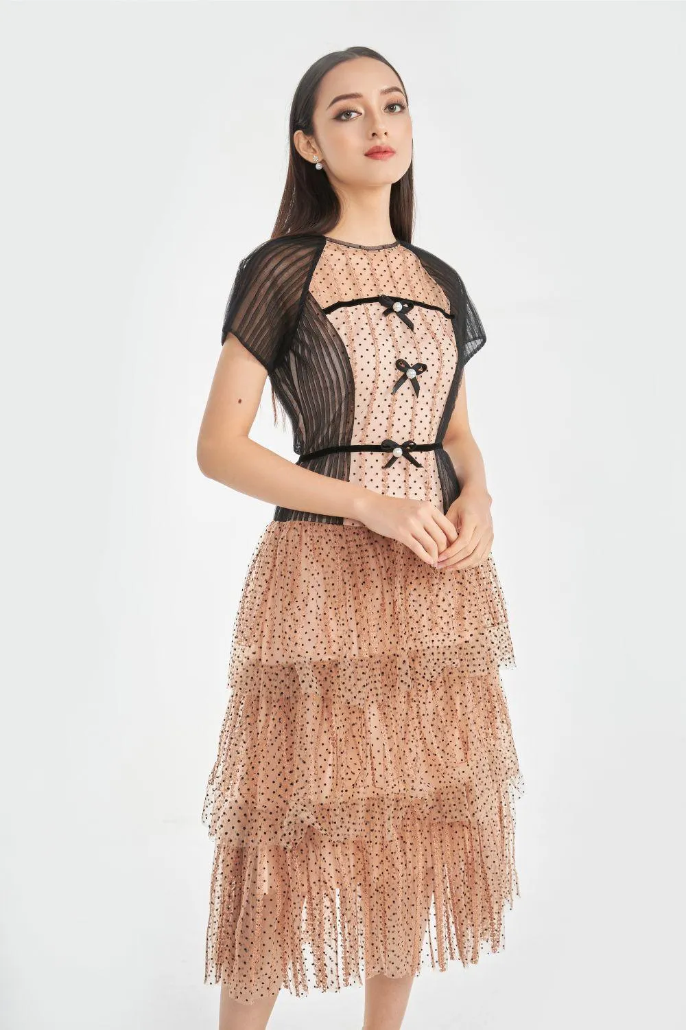 Jena Layered Round Neck Mesh Sheer Midi Dress