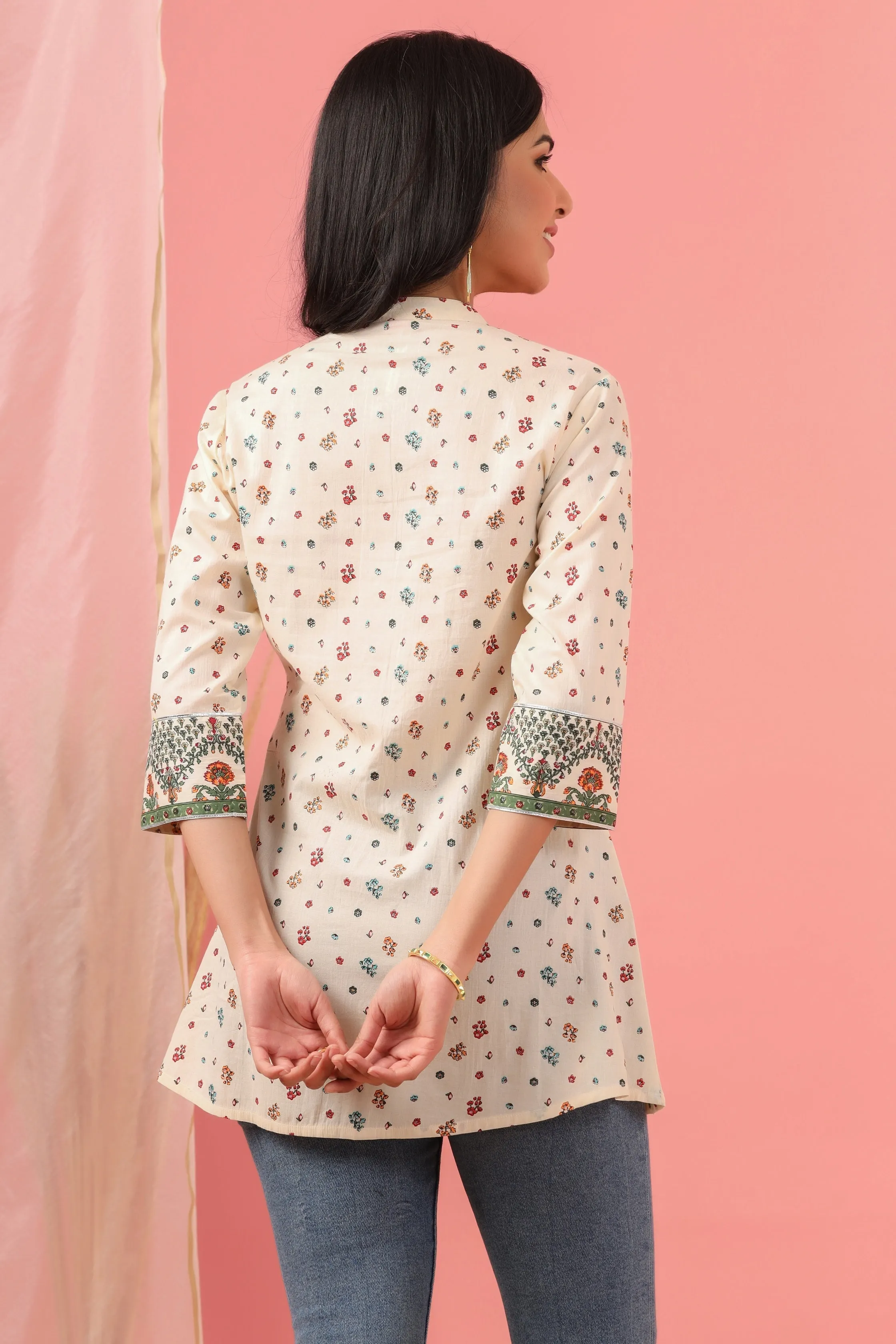 Juniper Ivory Floral Printed Pure Cotton A-Line Tunic.