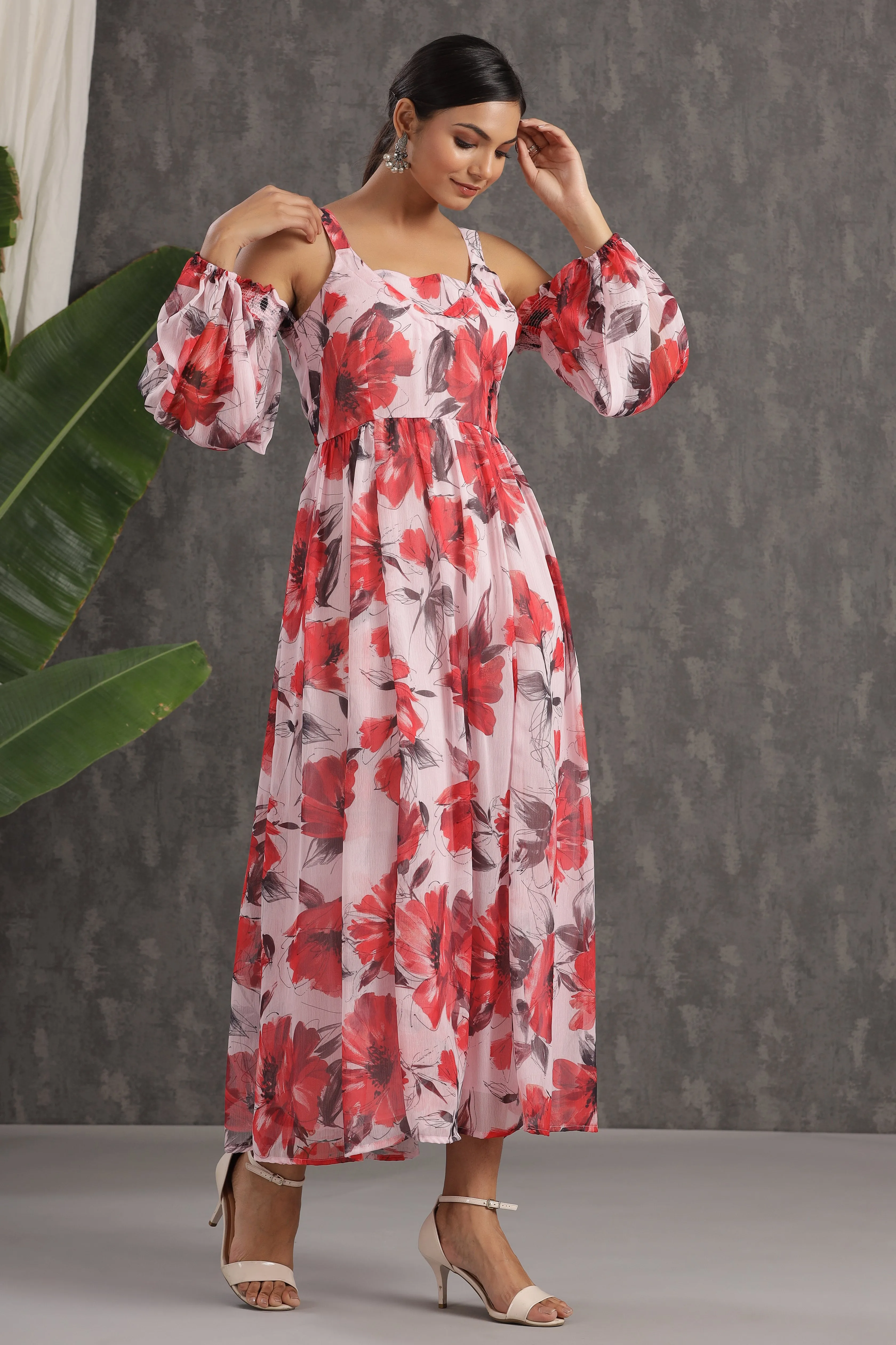 Juniper Light Pink Floral Printed Chiffon Maxi Dress With Adjustable Straps & Cold Shoulder