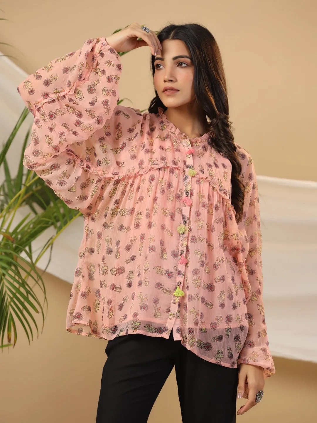 Juniper Peach Floral Printed Chiffon Tunic With Inner