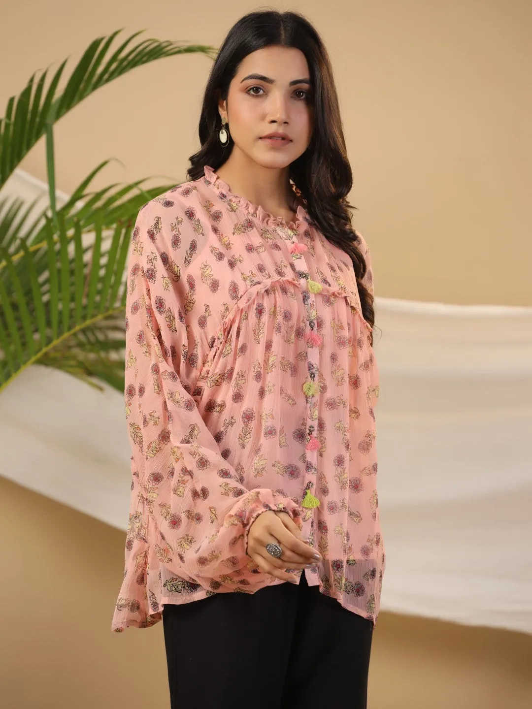 Juniper Peach Floral Printed Chiffon Tunic With Inner