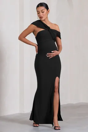 Kara | Black Asymmetric Twisted Bardot Split Maternity Maxi Dress