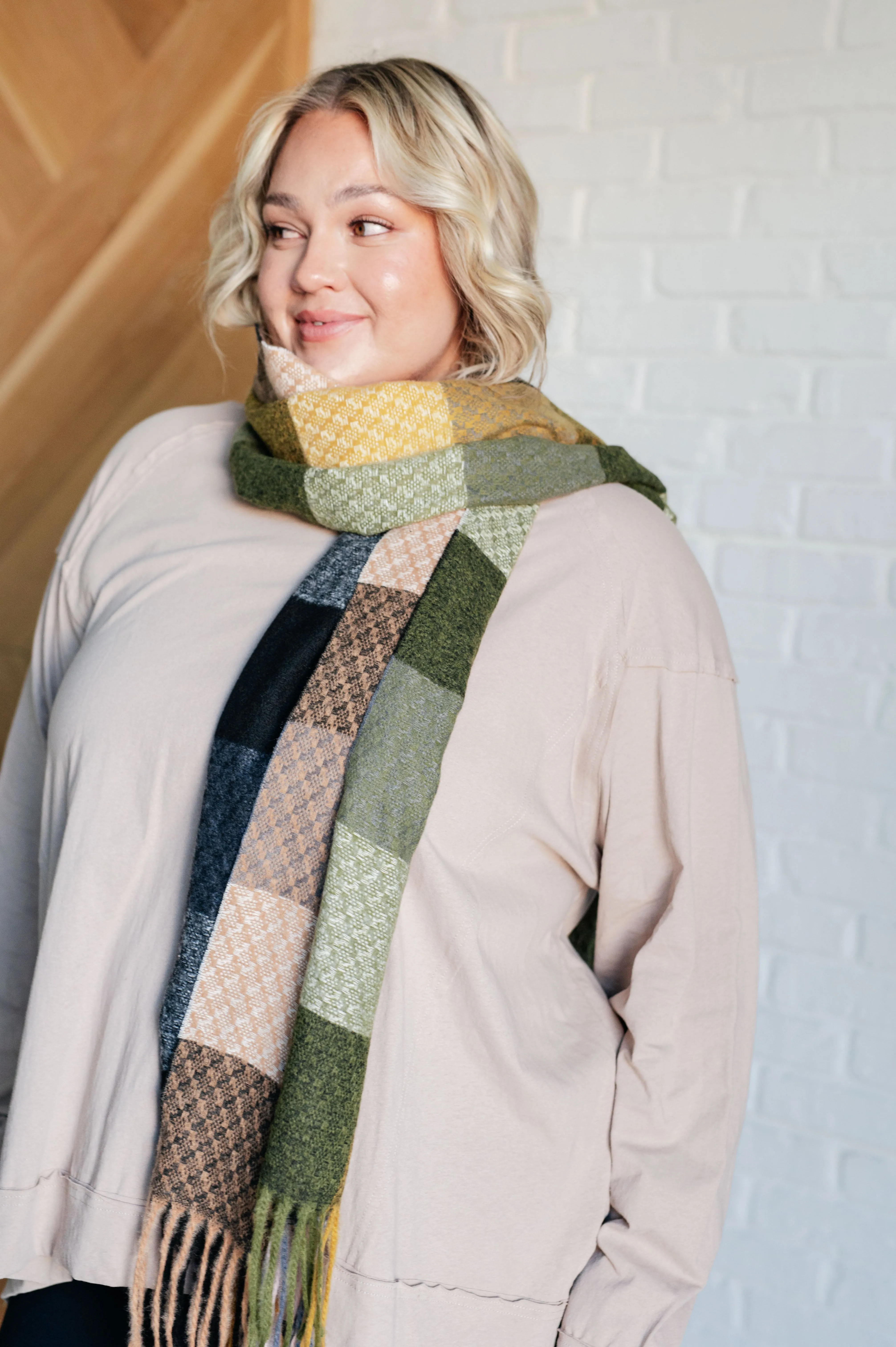 Keep Me Cozy Checkered Fringe Scarf in Woodland Shades