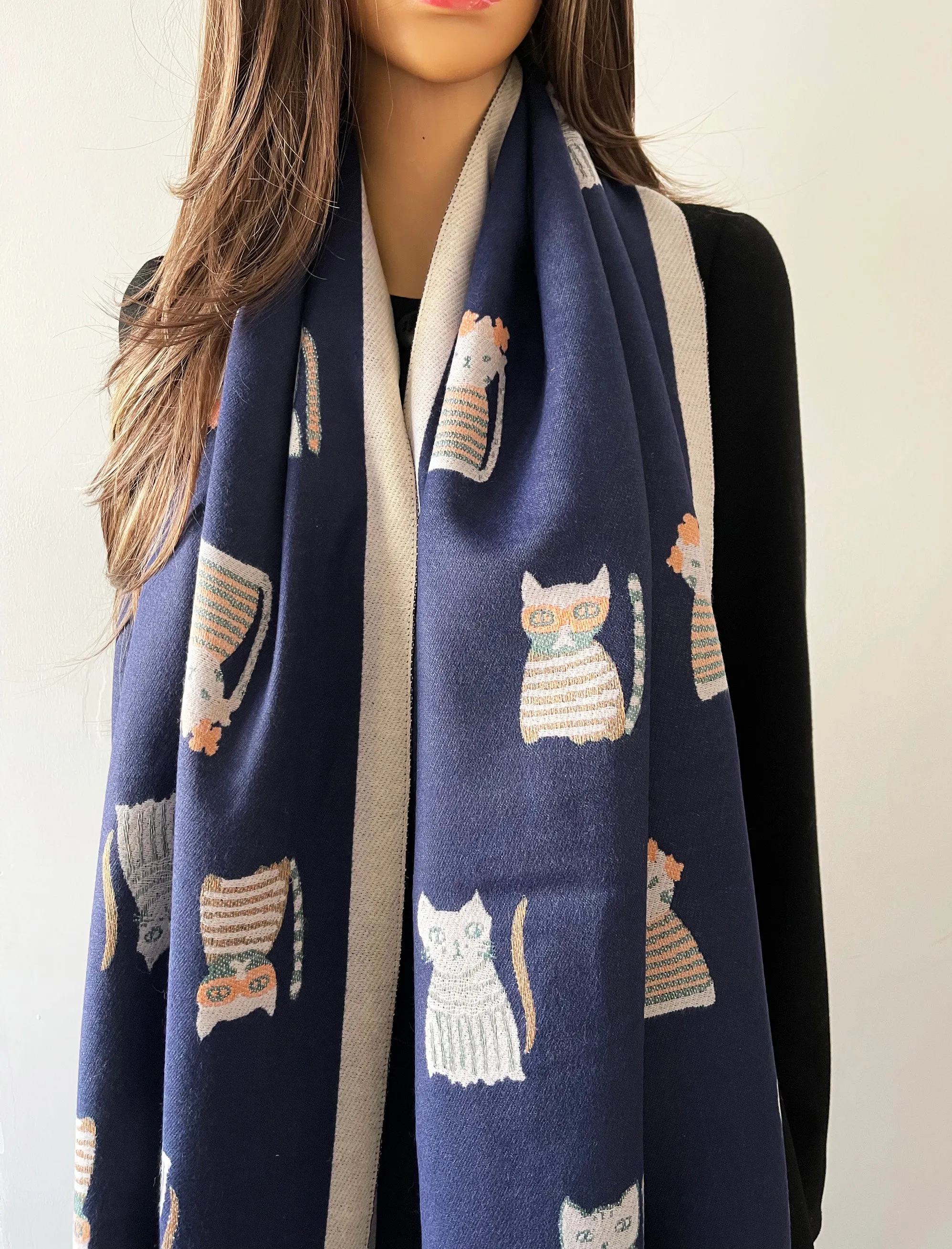 LARGE BLUE CAT THICK REVERSIBLE WINTER SHAWL BLANKET SCARF