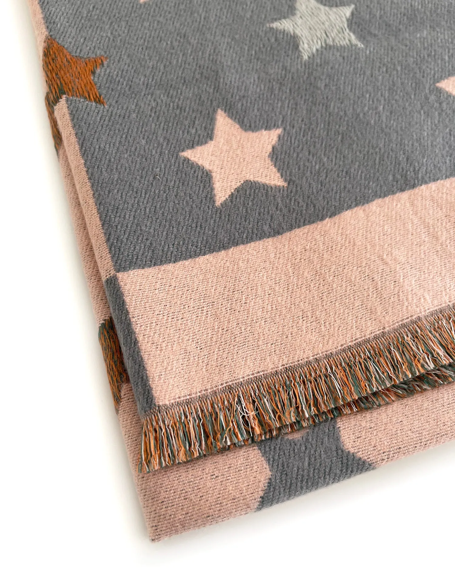 LARGE BLUSH PINK WOOL STAR PRINT REVERSIBLE WINTER SHAWL BLANKET SCARF