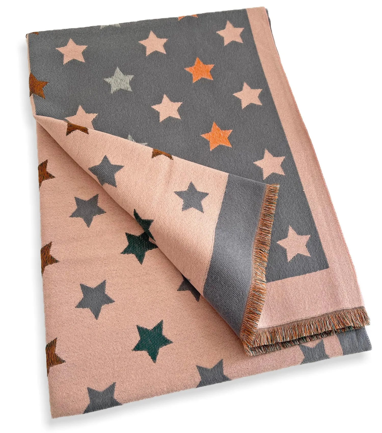 LARGE BLUSH PINK WOOL STAR PRINT REVERSIBLE WINTER SHAWL BLANKET SCARF