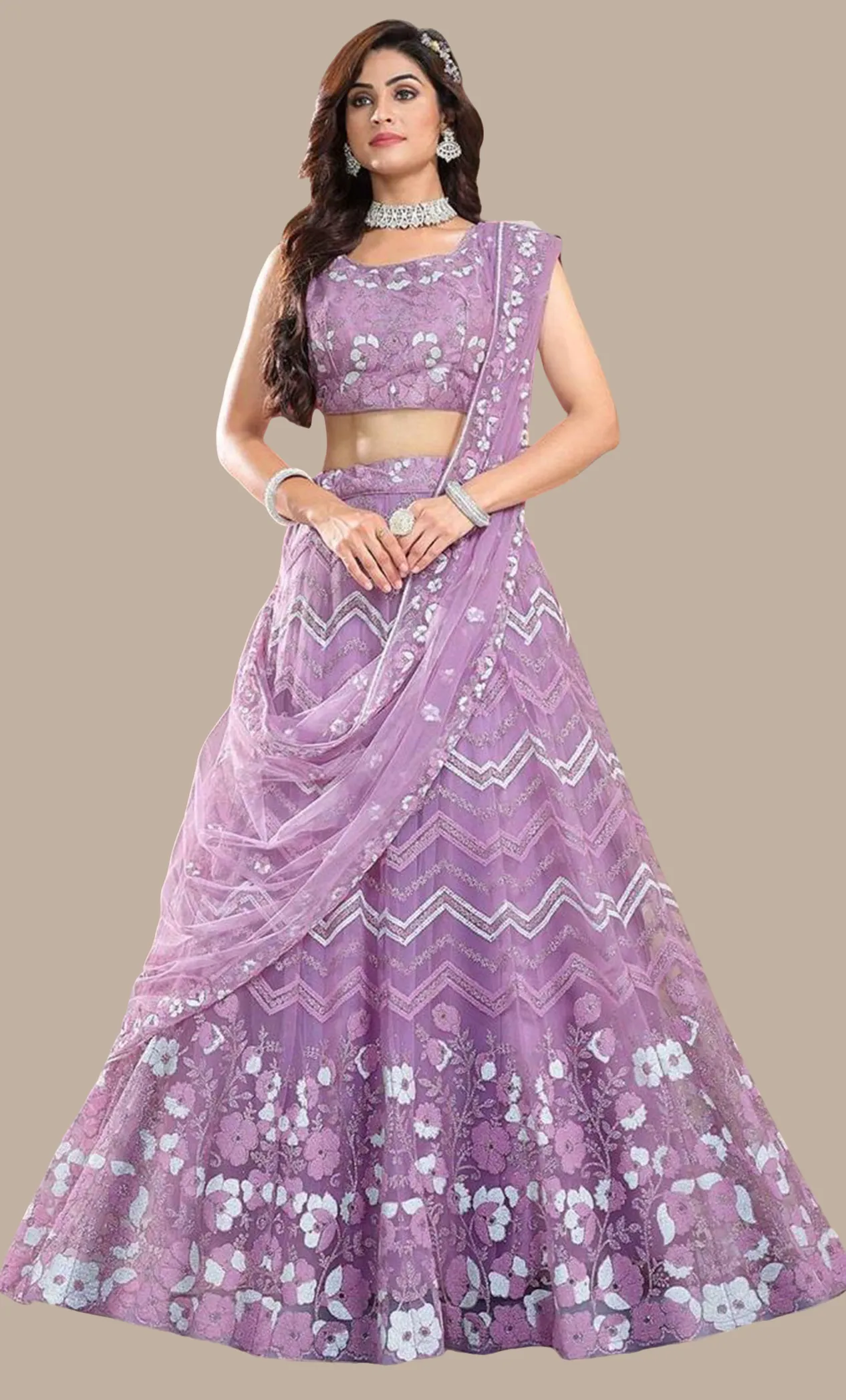 Lilac Embroidered Chania Choli Set