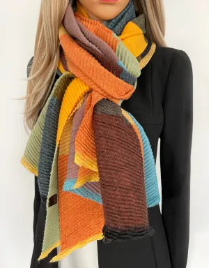 LONG ORANGE CRINKLE MULTICOLOUR WOOL MIX COLOUR BLOCK CHECK SCARF